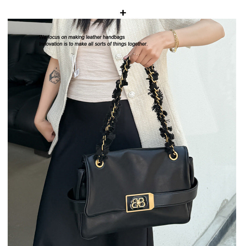 包包女2025新款上班通勤包B家魔都包黑色链条包大容量斜挎包真皮