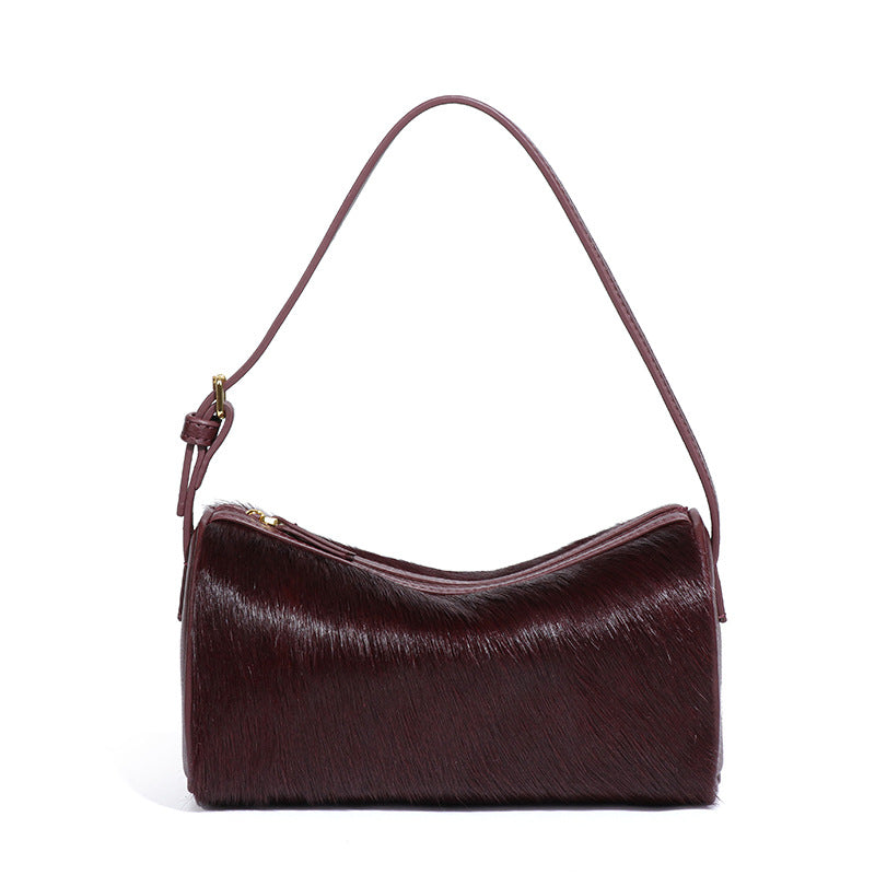 跨境真皮马毛豹纹手提女包高级感百搭单肩腋下包斜跨波士顿枕头包