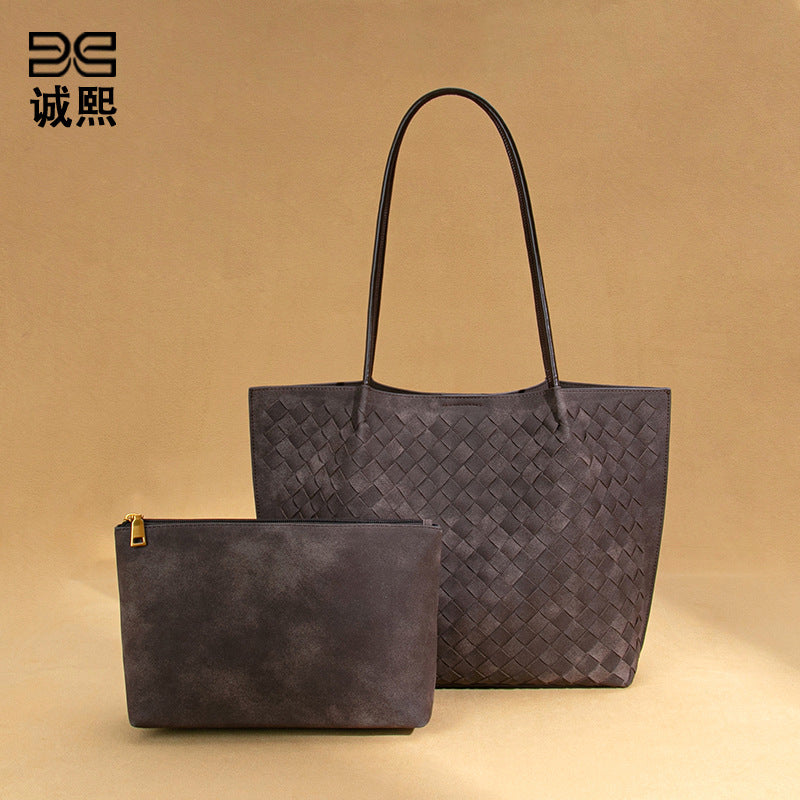 秋冬新款大容量单肩腋下女包编织磨砂手提包质感潮流子母托特包女
