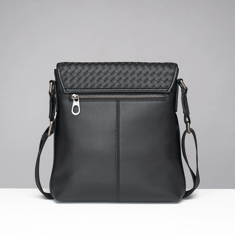 X&BV真皮男包单肩包新款竖款韩版商务休闲翻盖编织斜挎包男小背包