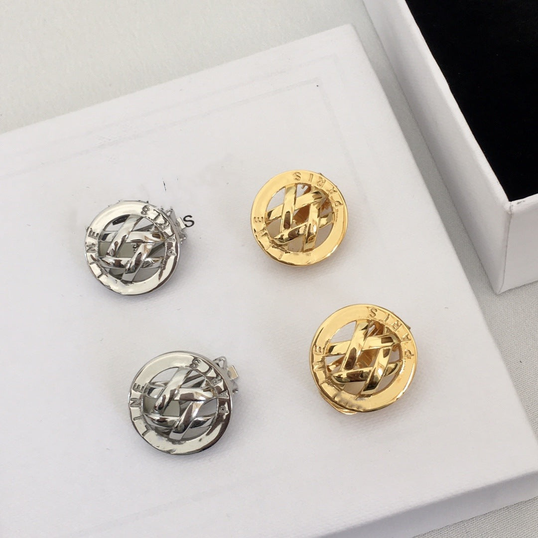 赛林家新款字母编织耳夹女中古vintage风CEL黄铜无耳洞格纹耳环