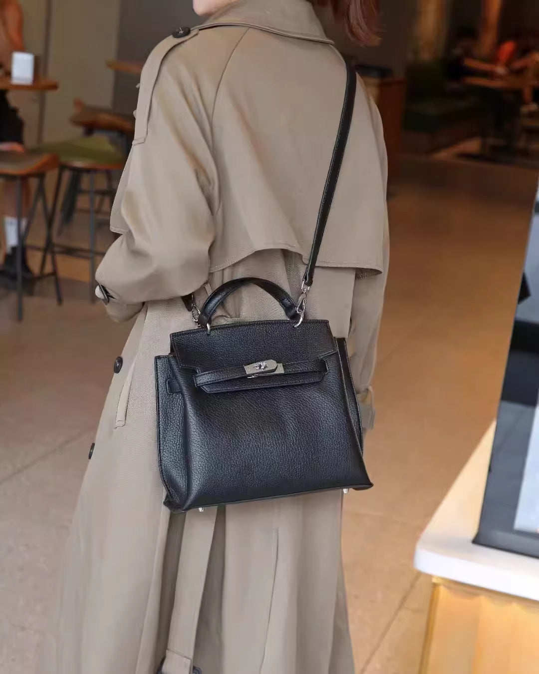 韩版高级感格纹配togo牛皮铂金包大容量女手提单肩通勤包一件代发