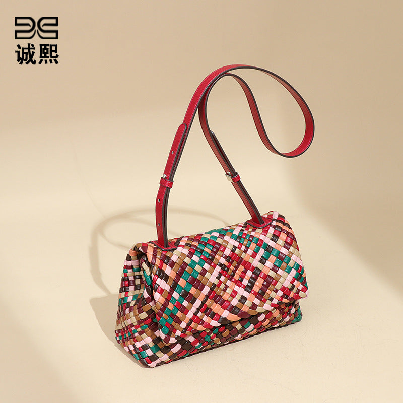 欧美新款彩色手工编织女包个性潮流单肩腋下包小众百搭子母斜跨包