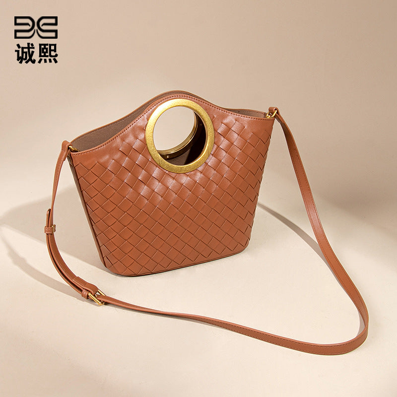 纯色复古菜篮子手工编织女包休闲百搭手提托特包包潮流单肩斜跨包