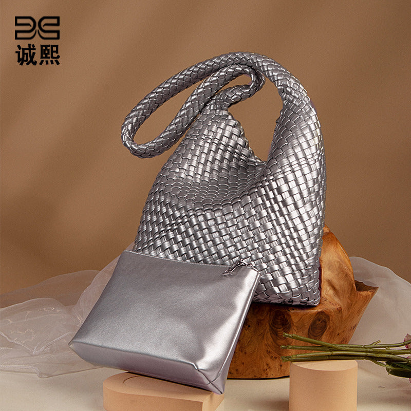 欧美风潮流单肩托特包时尚简约手工编织包包软皮大容量子母腋下包