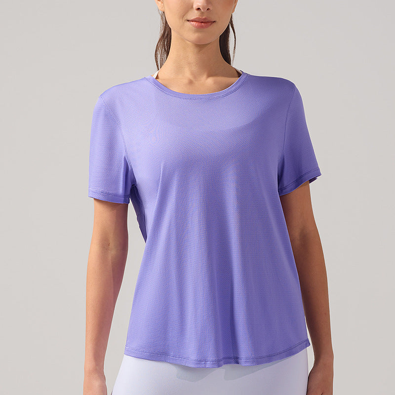 夏季凉感短袖女透气美背瑜伽服圆领上衣速干跑步T恤镂空运动罩衫