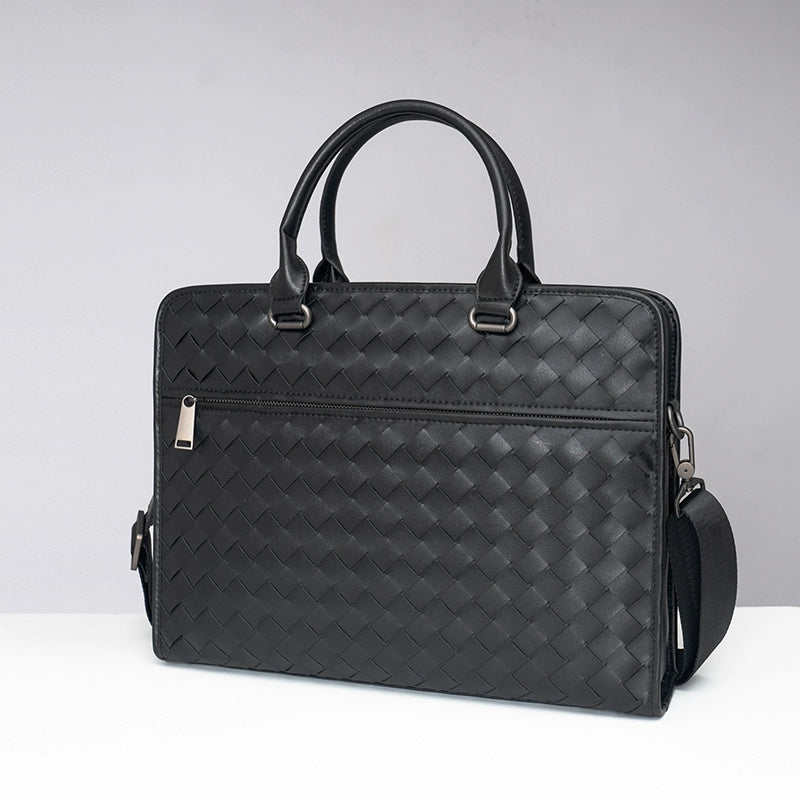 X&BV公文包男真皮横款大容量编织商务单肩斜挎包男休闲男士手提包