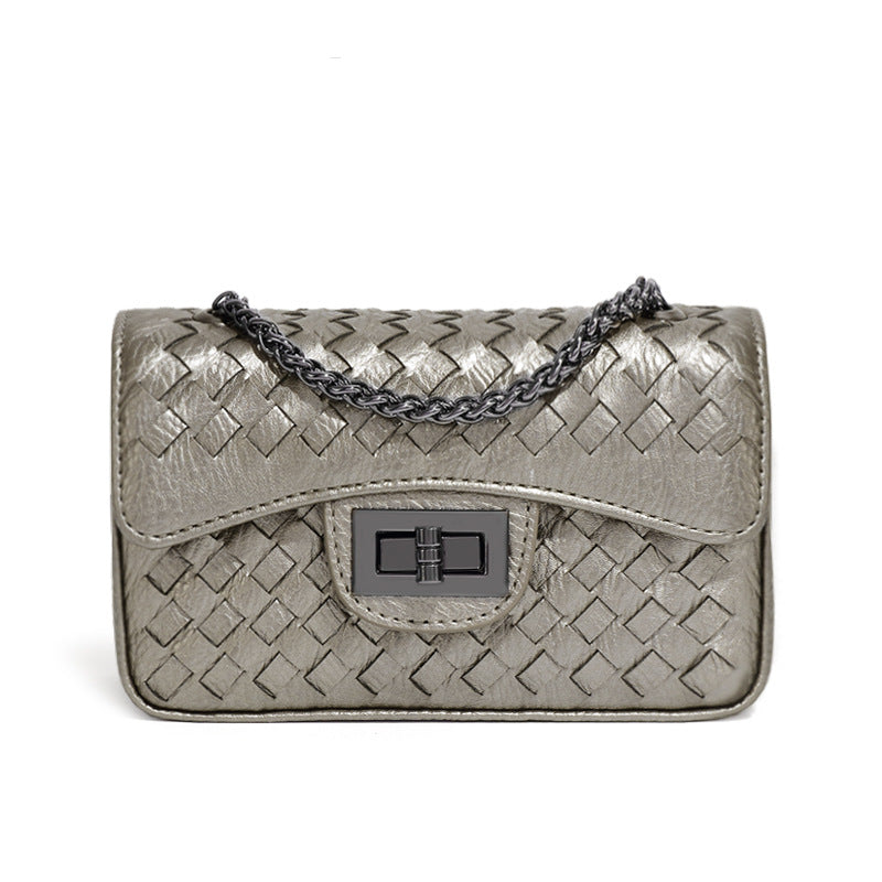 时尚百搭小方包小香风链条单肩斜挎女包简约休闲纯色手工编织包包