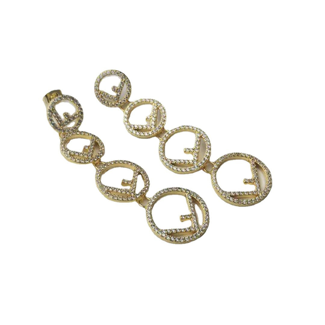 芬家21新款F字母满钻耳环高级感气质批发个性欧美长款流苏F耳钉