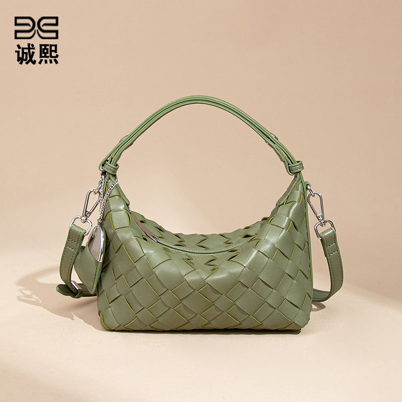 夏季百搭小清新斜跨女包软皮纯色编织包休闲手拎饭盒包单肩腋下包