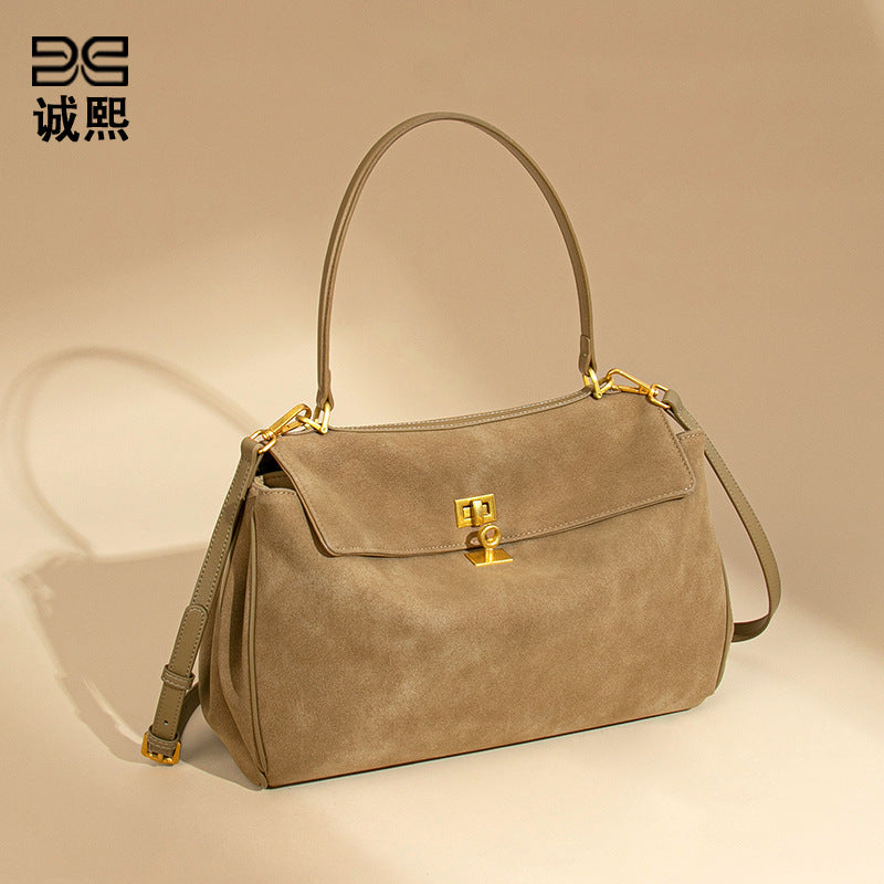 高级感气质手提女包大容量潮流磨砂麂皮绒斜挎包休闲单肩凯利包包