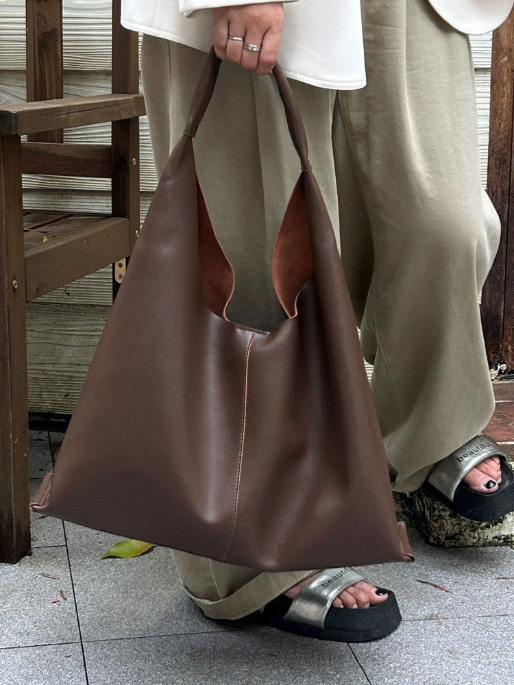 日韩软牛皮慵懒风托特包大容量真皮购物袋百搭休闲流浪单肩女包大