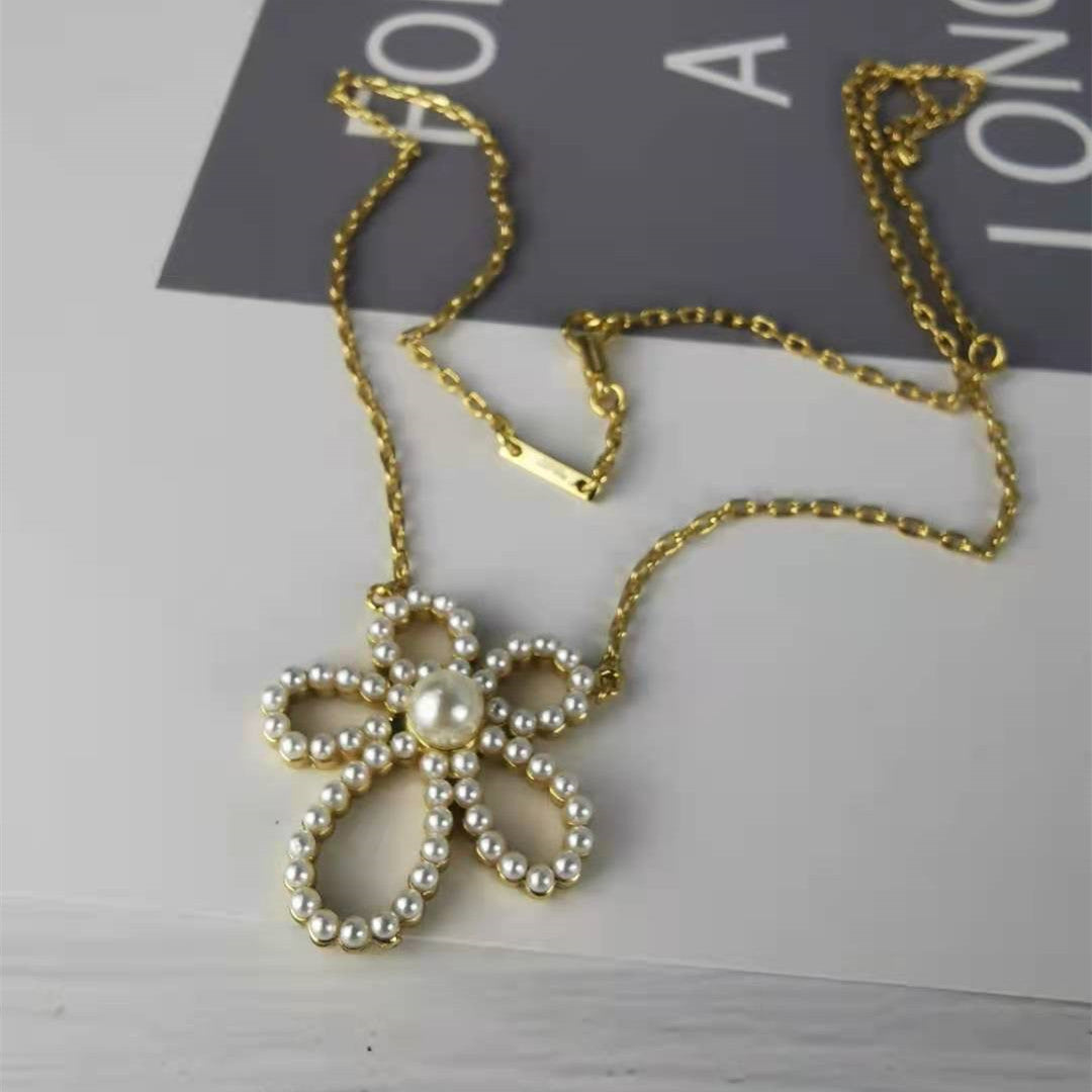 赛家新款镂空花瓣珍珠耳钉珍珠花朵耳环项链女气质优雅日韩风耳饰