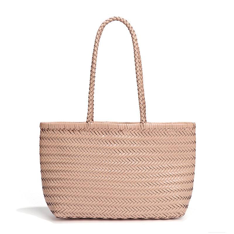 工厂定制新款菜篮子单肩女包真皮手工编织包手提大容量休闲腋下包