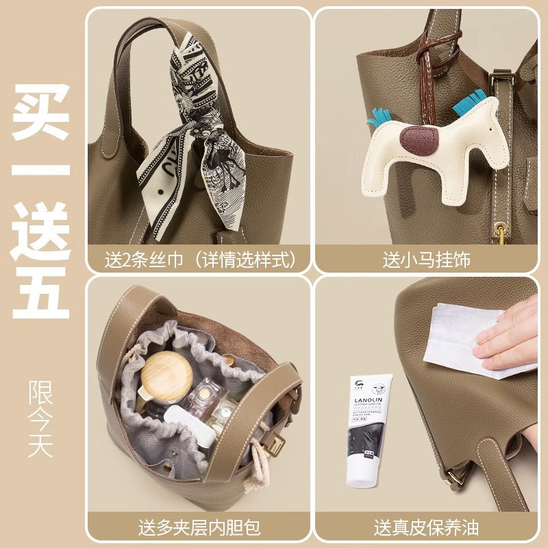 软糯头层togo牛皮真皮菜篮子女包小水桶包手提包大容量手拎包代发