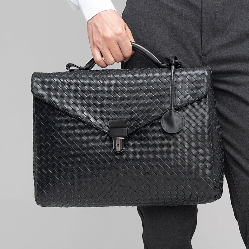 x&bv公文包男真皮商务手提包翻盖横款手拎包休闲编织男包电脑包大