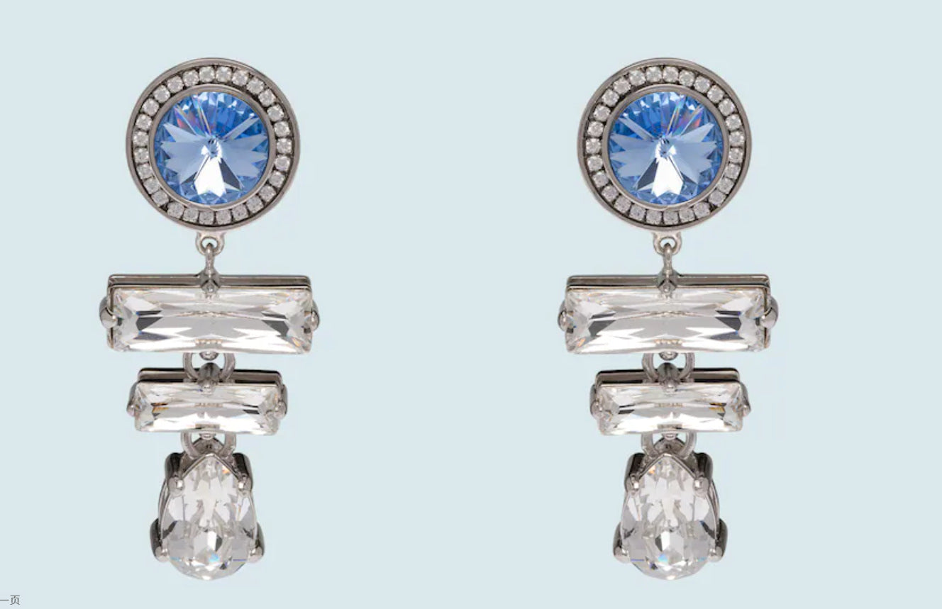 缪家新款蓝色耳环女水晶长款梯形水滴粉蓝色满钻超闪气质耳坠耳钉