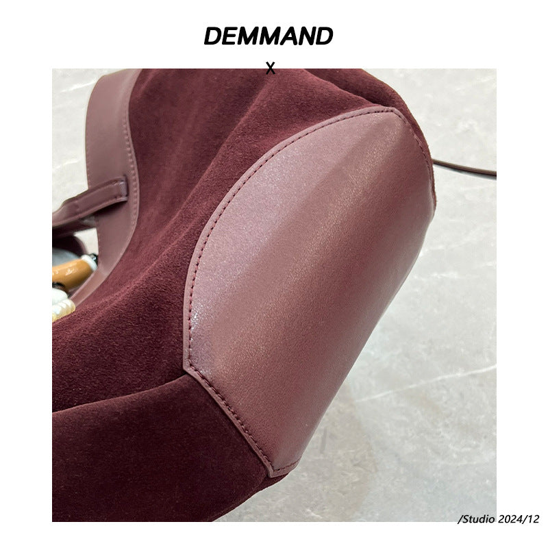 磨砂真皮菜篮子包水桶包包女高级感小众手提包麂皮绒斜挎包锦囊包