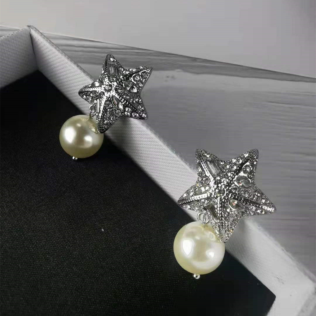 缪家新款五角星珍珠耳环镶钻星星形耳钉高级感气质网红同款耳饰