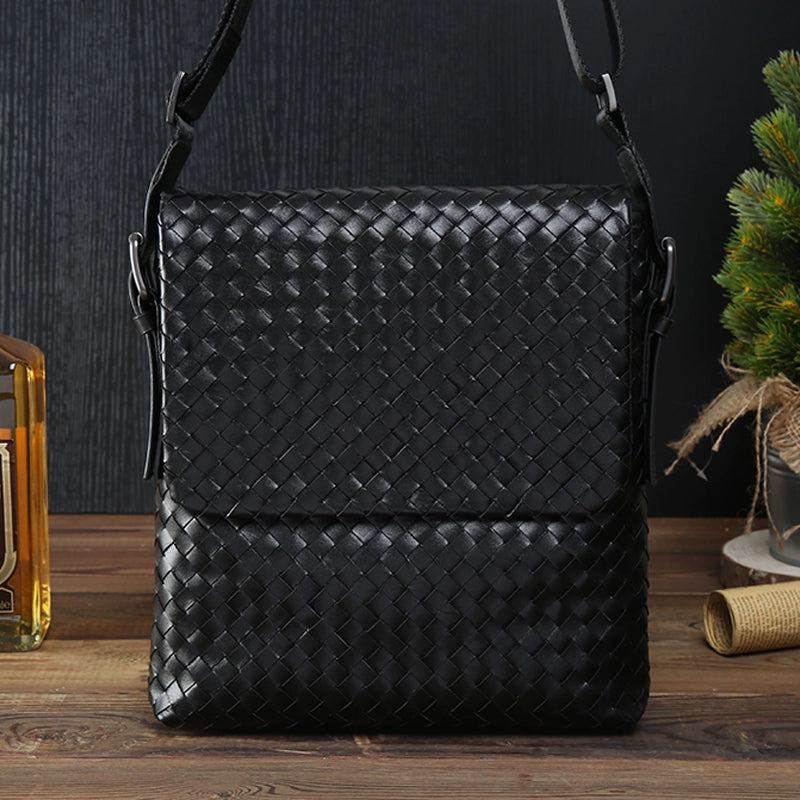 男士单肩包真皮斜挎包男头层牛皮编织男包欧美时尚休闲青年小挎包