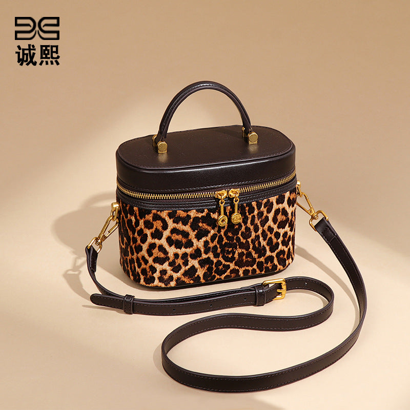 复古真皮马毛手拎化妆盒子包时尚豹纹新款单肩包小众百搭斜挎女包