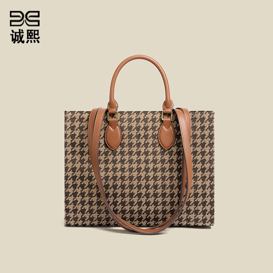 千鸟格手提包商务包女通勤欧美复古大容量托特包2025潮秋冬购物包