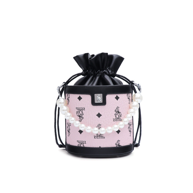 时尚印花新款兔子发财水桶包潮流珍珠手提圆筒包潮流单肩斜挎女包