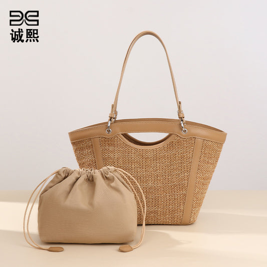 新款度假沙滩子母包草编菜篮子单肩女包时尚腋下包手拎编织托特包