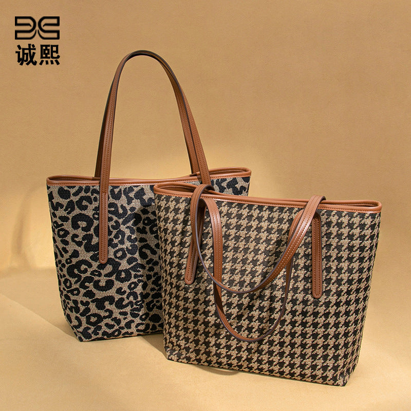 通勤大容量新款豹纹单肩腋下包女士秋冬复古手提包时尚潮流托特包