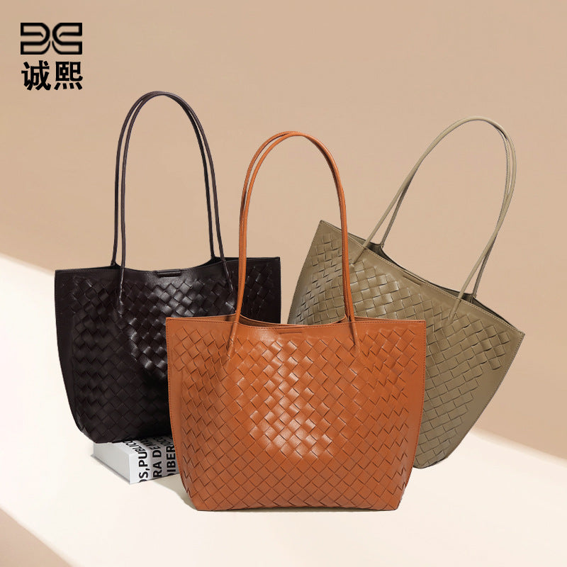 跨境大容量手提托特包秋冬新款子母手工编织包复古潮流单肩腋下包