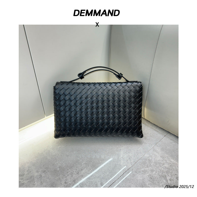 真皮编织小方盒女包2025春季新款时尚百搭锁扣大容量手提斜跨包女