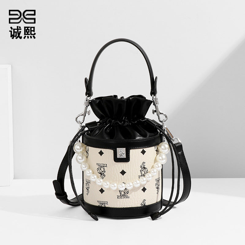 时尚印花新款兔子发财水桶包潮流珍珠手提圆筒包潮流单肩斜挎女包