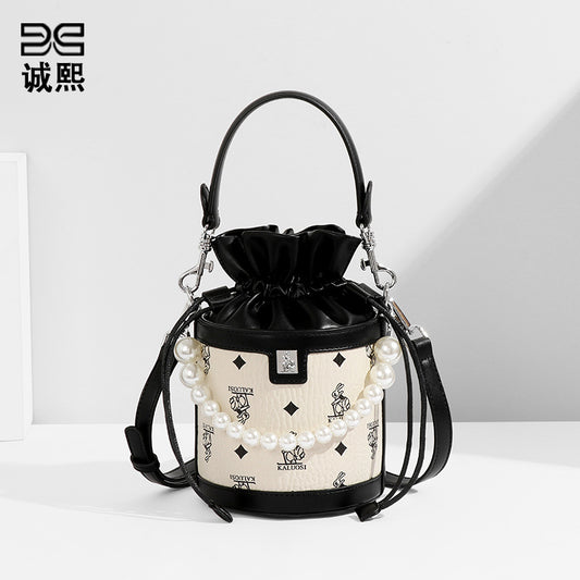 时尚印花新款兔子发财水桶包潮流珍珠手提圆筒包潮流单肩斜挎女包