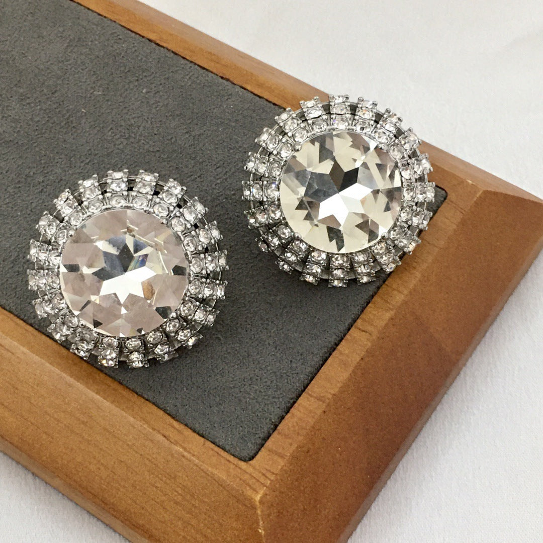 缪家新款满钻圆形耳钉夹女高级感个性气质欧美风K9水钻大耳环