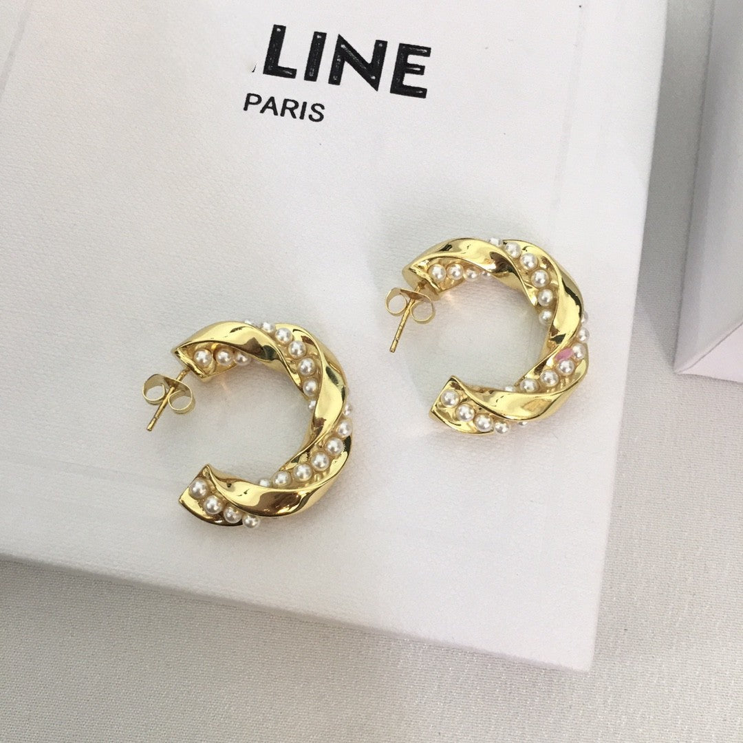 赛林新款珍珠C形耳环扭扭法式耳圈港风气质高级感耳饰不规则耳钉