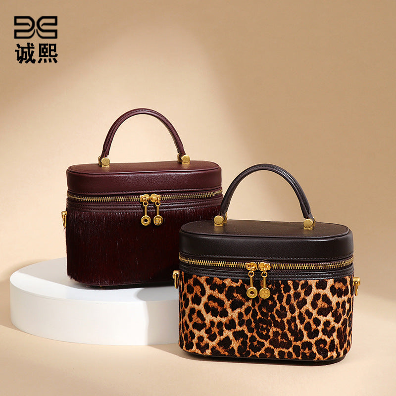 复古真皮马毛手拎化妆盒子包时尚豹纹新款单肩包小众百搭斜挎女包