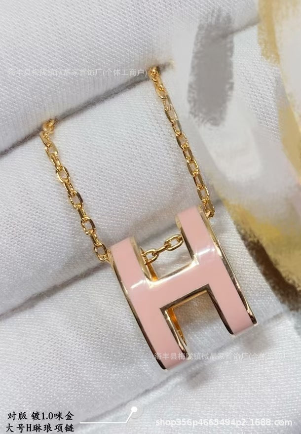 高版本H家H字母项链珐琅精工CNC锁骨链厂家直销S925银镀18K玫瑰金