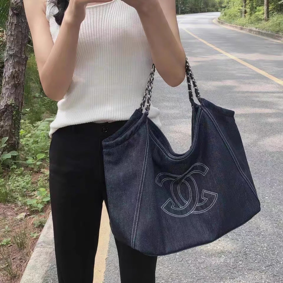 小香风牛仔布单肩包帆布大包包Vintage中古腋下包大容量托特包女