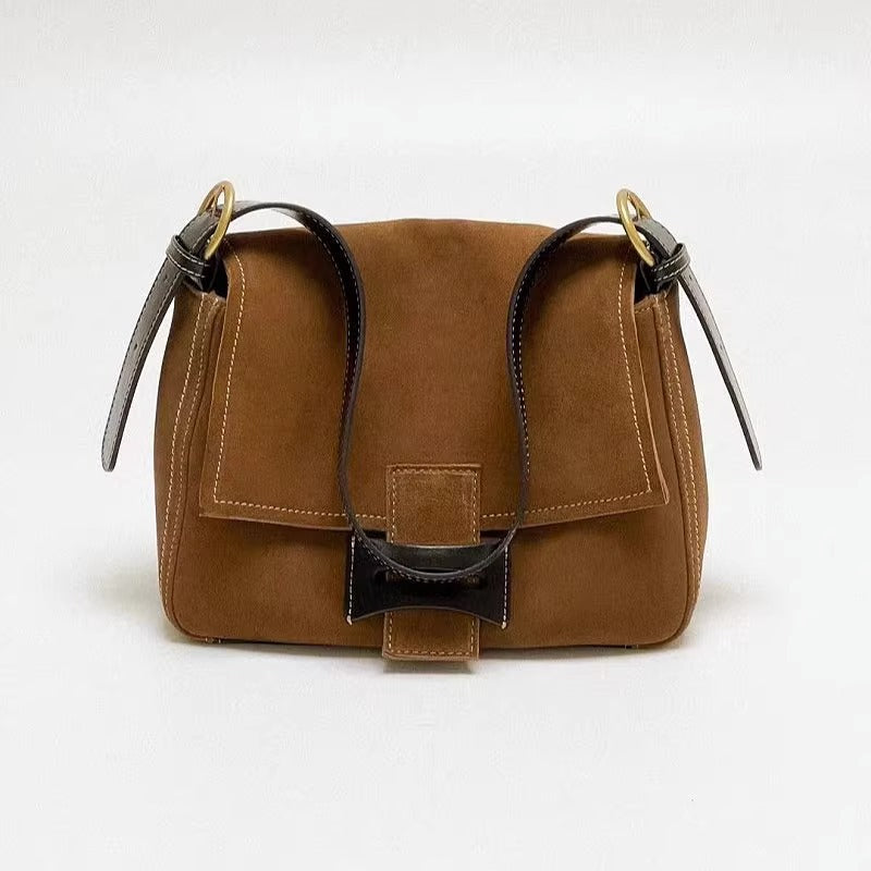 Get格纹头层马毛拼油蜡牛皮时髦又飒飒单肩女磨砂皮复古邮差包包