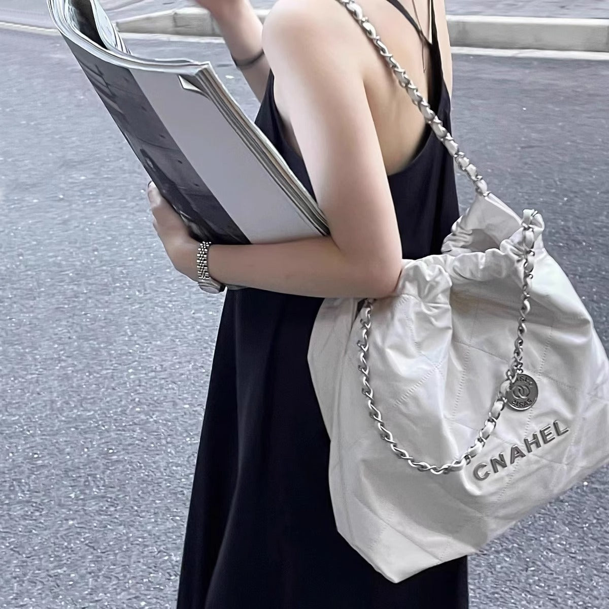 小香黑银垃圾袋包2023新款真皮托特包高级感大容量单肩菱格链条包