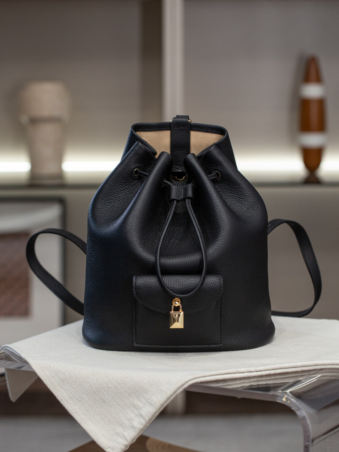 25春夏新款LP锁头抽绳双肩包extra大容量进口头层牛皮撞色单肩包