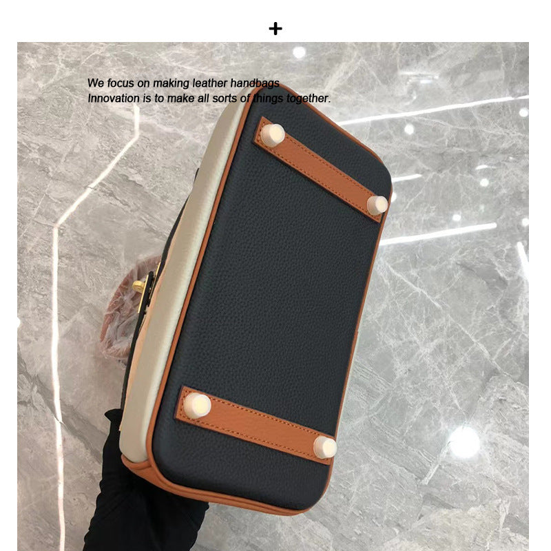 欧洲站真皮女包撞色铂金包荔枝纹头层牛皮手提包简约单肩斜挎包包