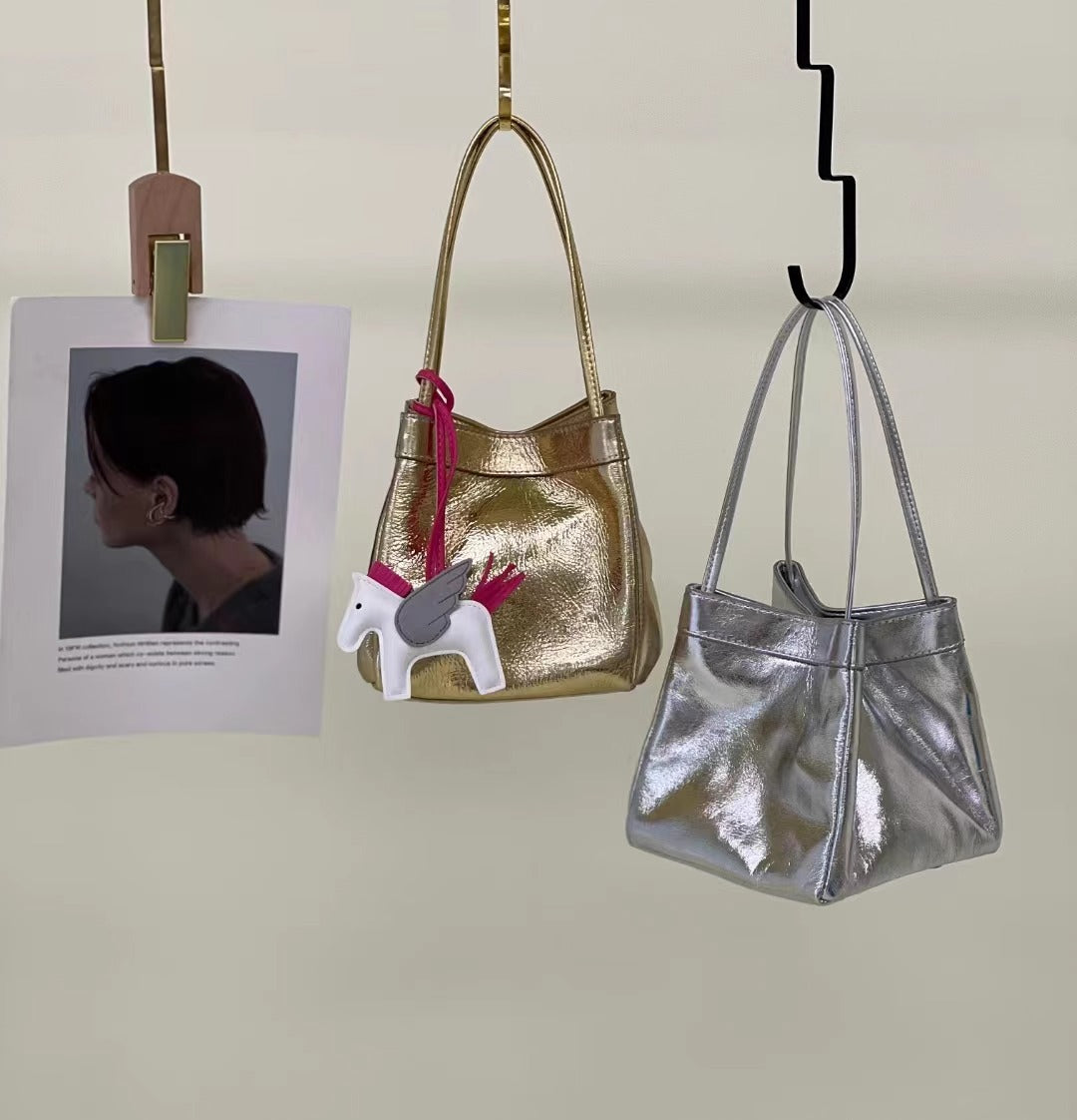 新中式国风晕染菜篮子包牛皮绸缎锦囊包手提包女单肩斜挎包水桶包