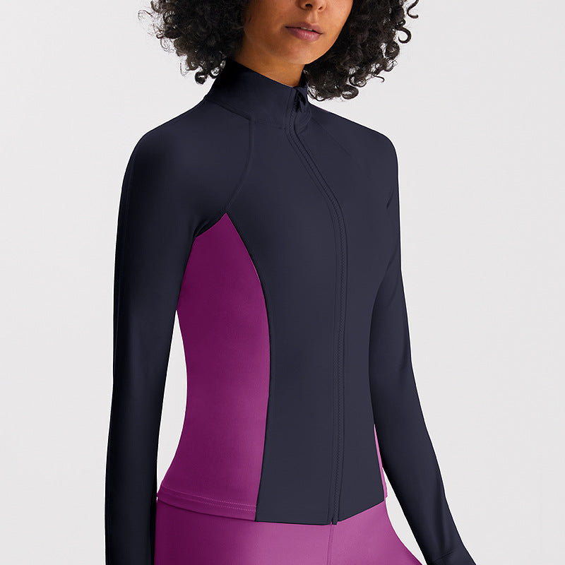 修身瑜伽服女拼色显瘦秋季健身长袖立领防风上衣磨毛裸感运动外套