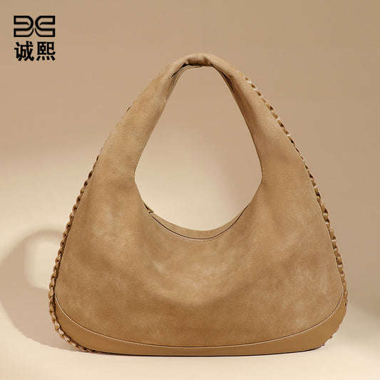新款麂皮绒磨砂单肩女包复古大容量通勤腋下包手拎百搭时尚月牙包