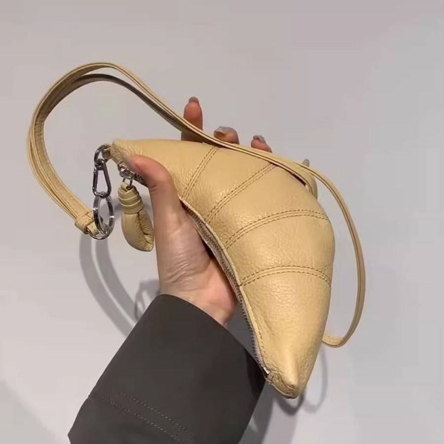 LE迷你挂脖牛角包钥匙零钱包头层牛皮可颂包单肩斜挎挂腰饺子包