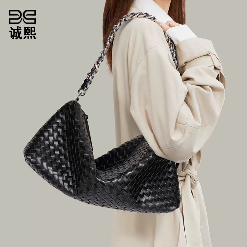 时尚简约单肩斜跨包高级感百搭手提腋下包通勤大容量手工编织包包