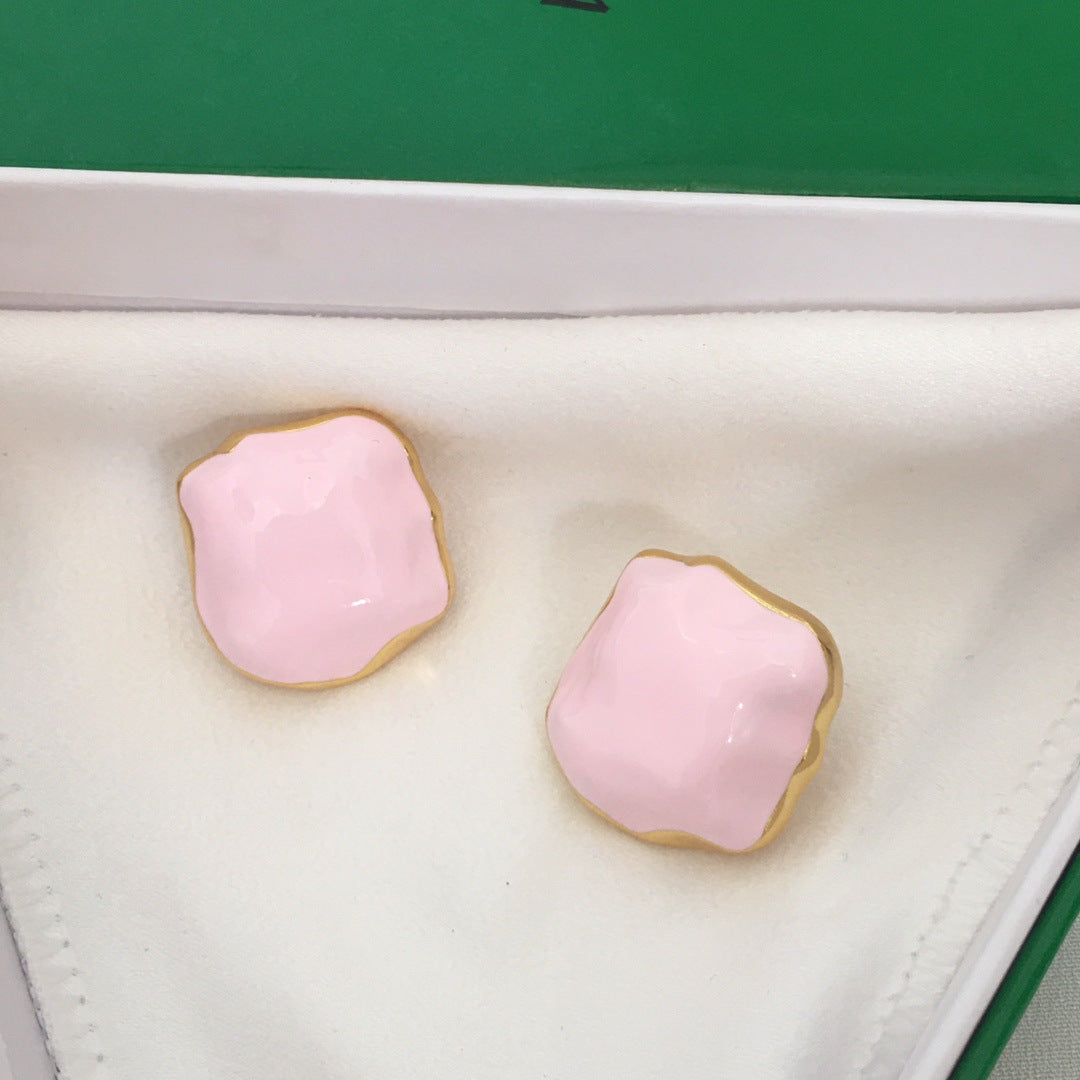 BV家21新款方形几何形珐琅耳钉女高级感气质粉色白色棉花糖耳环