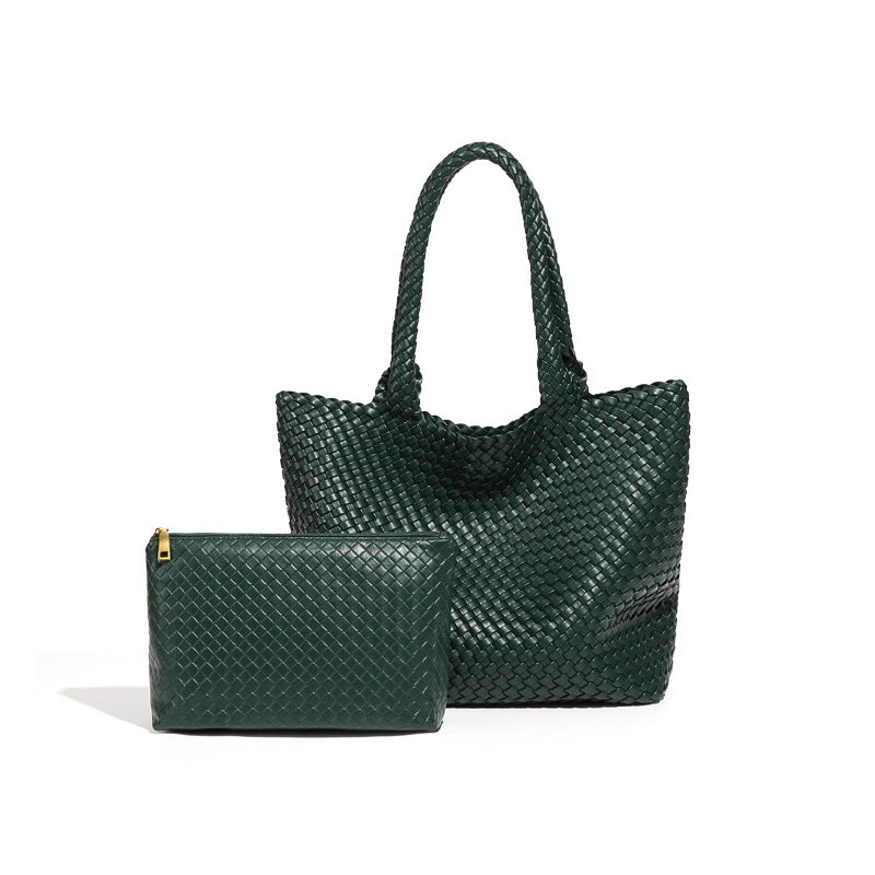 欧美复古大容量通勤手提包时尚简约手工编织包软皮百搭单肩子母包