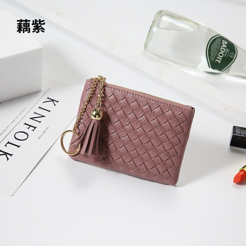 批发定制编织银币零钱包小巧轻便百搭卡包钥匙扣流苏拉链短款钱包